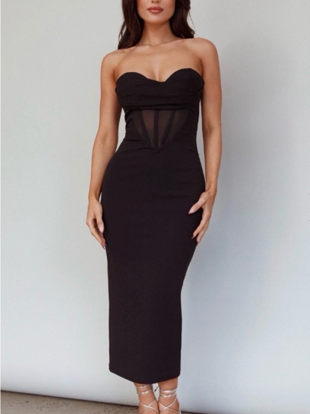 Selfie Leslie Strapless Black Midi Dress with Sheer Corset Detail